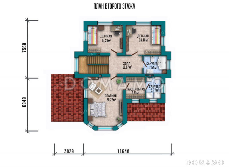 Проект двухэтажного дома с просторной террасой / План 2 этажа