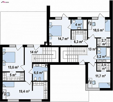 Проект современного комфортного двухэтажного дома из газобетона для двух семей с общим гаражом / План 2 этажа