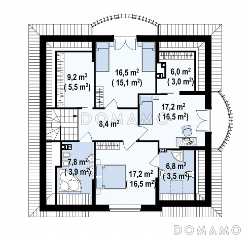 Проект одноэтажного мансардного дома из кирпича с двумя балконами и барбекю на террасе / План мансардного этажа