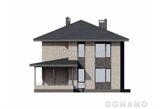 Проект двухэтажного газобетонного дома с большой гардеробной, пятью комнатами и пристроенной террасой / Фасад 3