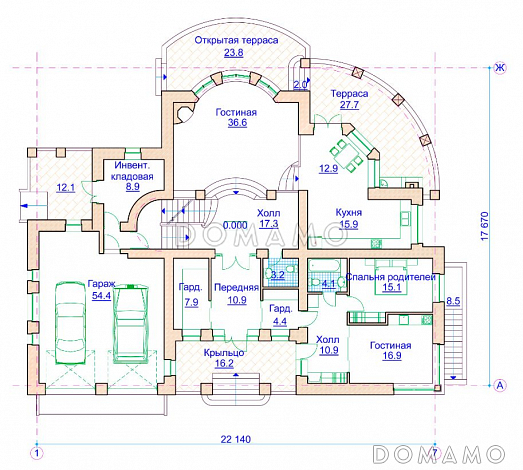 Проект коттеджа в стиле модерн с гаражом на 2 а/м и сауной / План 1 этажа