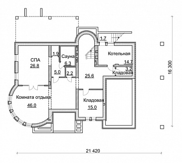 Проект коттеджа с круглой гостиной, гаражом и навесом / План цокольного этажа