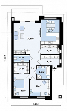 Проект стильного одноэтажного дома из газобетона для небольшой семьи / План 1 этажа