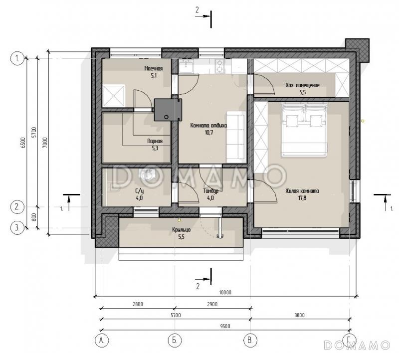 Проект современной бани с жилой комнатой и хозблоком / План 1 этажа