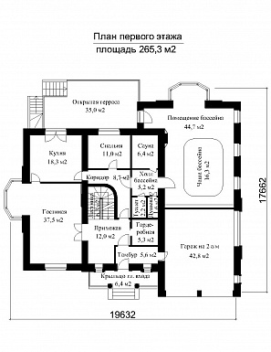 Проект импозантного особняка с гаражом на две машины, бассейном и тренажерным залом / План 1 этажа