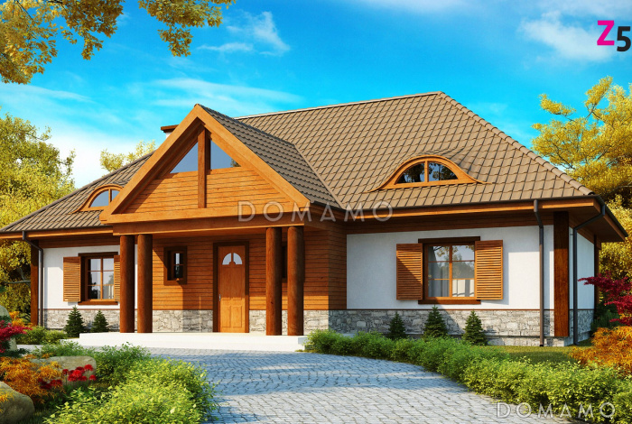 Проект просторного одноэтажного мансардного дома из кирпича с барбекю на крытой угловой террасе