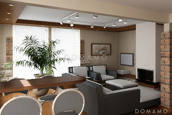 Проект одноэтажного дома с двуцветной облицовкой и большим эркером гостиной