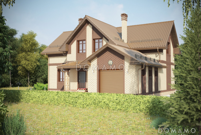 Проект красивого двухэтажного дома по технологии ЛСТК c большим гаражом и террасой