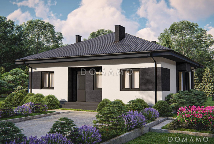 Проект одноэтажного дома с эркером в гостиной, кладовой, террасой, тремя спальнями