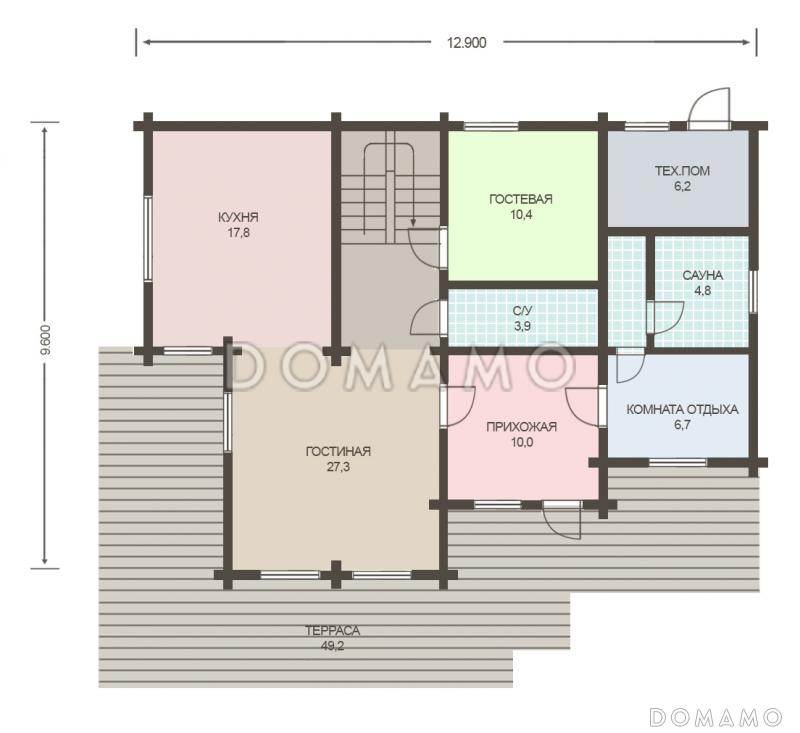 Проект деревянного дома из клееного бруса с просторной прихожей / План 1 этажа