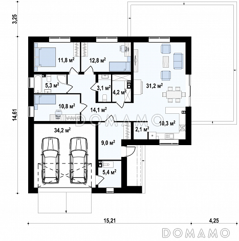 Проект углового одноэтажного дома из кирпича с облицовкой классических фасадов деревянной вагонкой и с гаражом на два автомобиля / План 1 этажа
