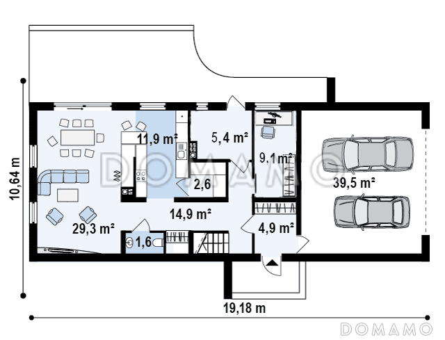 Проект двухэтажного дома из газобетона с двухскатной крышей с четырьмя комнатами, гаражом и открытой террасой над ним / План 1 этажа