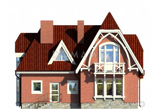 Проект дома одноэтажного дома с мансардным этажом, эркером, балконами в спальне / Фасад 2