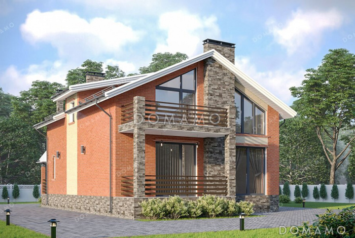 Проект дома с панорамными окнами, вторым светом и четырьмя спальнями