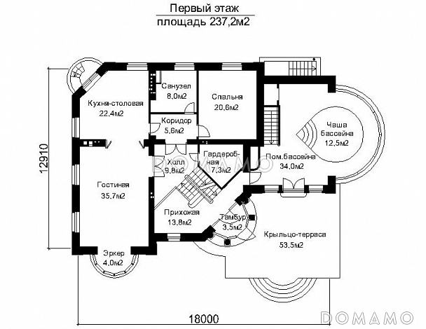 Проект дома с открытой террасой главного входа и пристроенным бассейном   / План 1 этажа