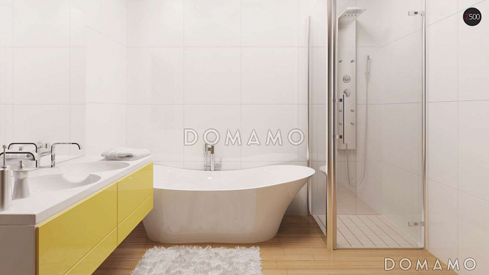 Проект одноэтажного дома из газобетона со стеклянным эркером в просторной гостиной и гаражом на два автомобиля