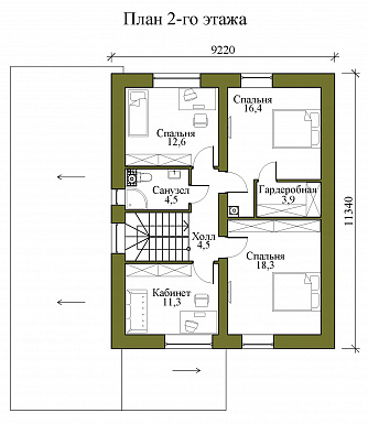 Проект двухэтажного кирпичного дома с гаражом на два машиноместа, тремя спальнями и кабинетом на втором этаже / План 2 этажа