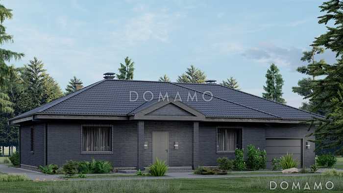 Проект одноэтажного дома с верандой, гаражом и тремя спальнями