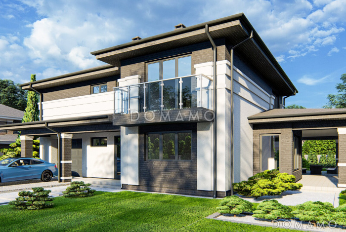 Проект двухэтажного дома с гаражом, большой крытой террасой, просторной хозяйской спальней с балконом, светлой гостиной