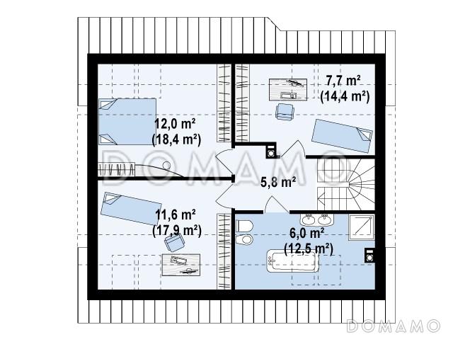 Проект одноэтажного мансардного дома из кирпича с кабинетом, тремя спальнями и эркером в гостиной / План мансардного этажа