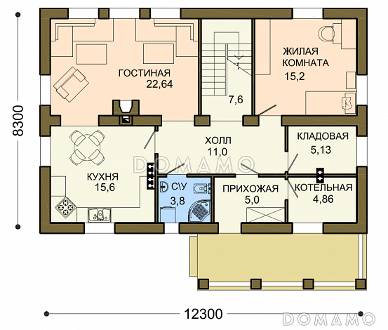 Проект коттеджа с двумя кладовыми и вытянутым крыльцом / План 1 этажа