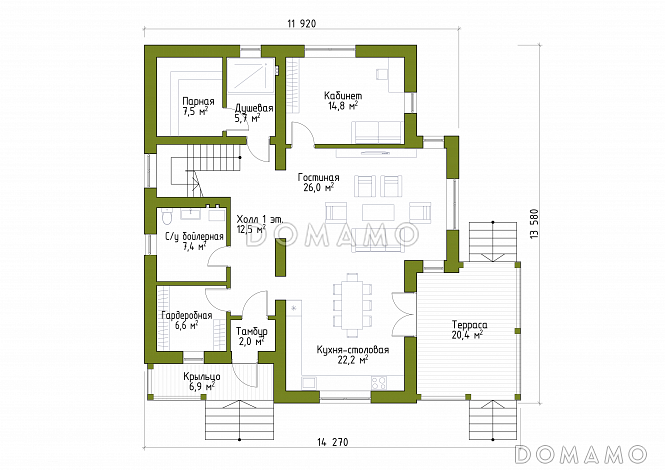 Проект просторного коттеджа в стиле шале из СИП / План 1 этажа