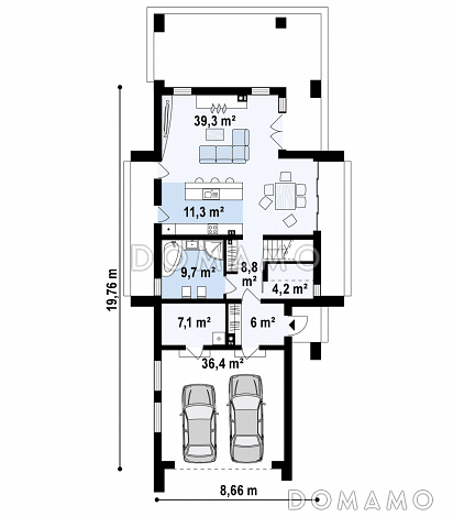 Проект удобного современного одноэтажного мансардного дома из газобетона с гаражом и тремя спальнями на мансарде / План 1 этажа