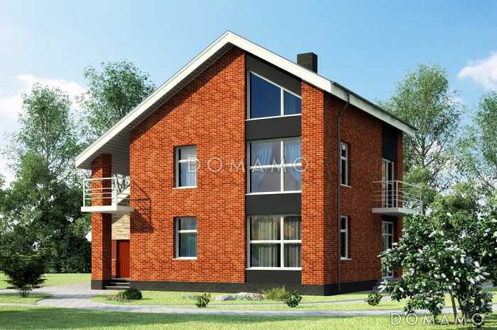 Проект кирпичного загородного дома в современном стиле с открытой террасой и гаражом 