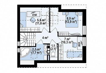 Проект одноэтажного мансардного дома из кирпича с большой площадью остекления в гостиной / План мансардного этажа