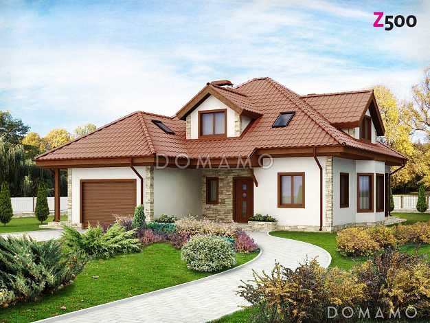 Проект просторного одноэтажного мансардного дома из газобетона с кабинетом, эркером и гаражом