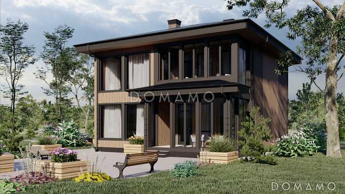 Проект двухэтажного каркасного дома с панорамным остеклением и двумя верандами