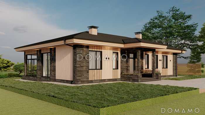 Проект одноэтажного дома с многофункциональной кухней, верандой и тремя спальнями