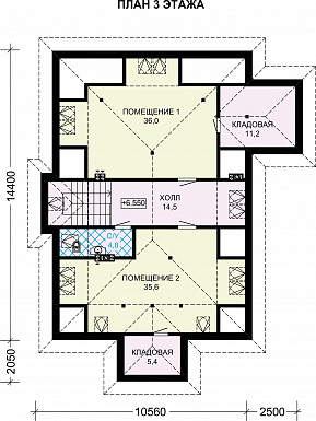 Проект двухэтажного особняка из газобетона с мансардой, балконом и террасой / План мансардного этажа