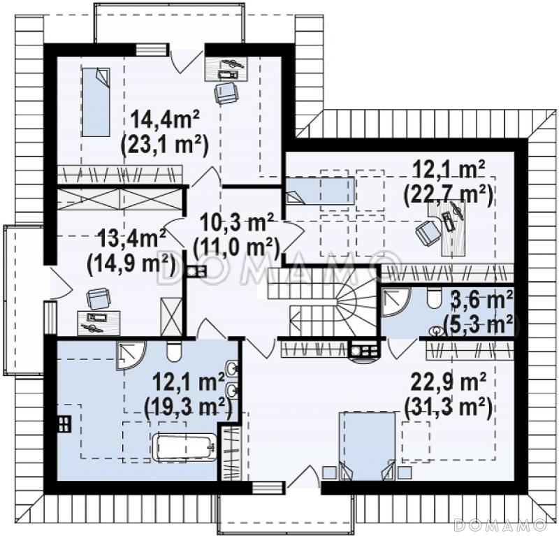 Проект просторного одноэтажного мансардного коттеджа из газобетона с гостевой спальней на первом этаже, кабинетом и гаражом / План мансардного этажа