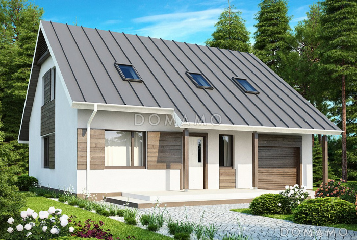 Проект одноэтажного мансардного дома из кирпича с частично крытой террасой и встроенным гаражом