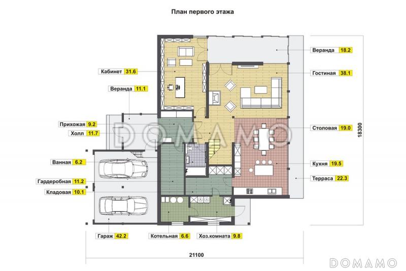 Проект энергоэффективного дома фахверк с гаражом на две машины / План 1 этажа