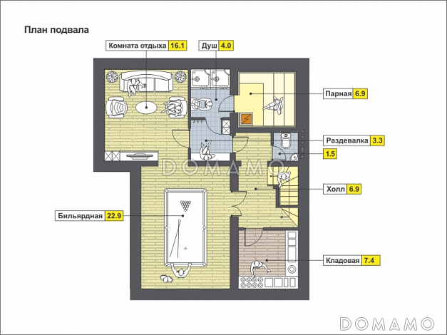 Проект уютного загородного дома с парной в цокольном этаже, навесом для машины, тремя спальнями на мансардном этаже / План цокольного этажа