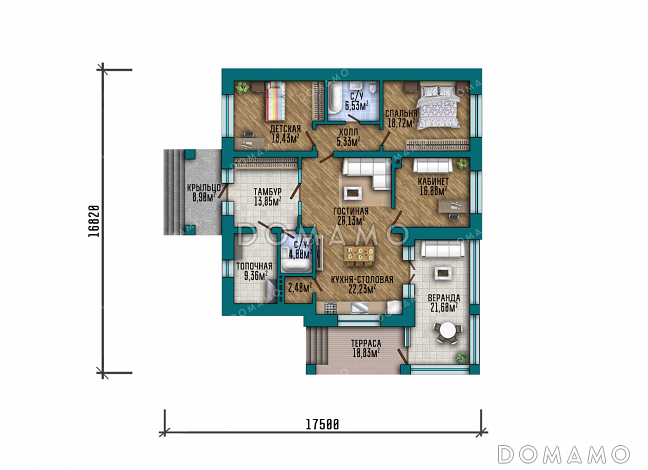 Проект уютного одноэтажного дома с крытой террасой, застекленной верандой, тремя спальнями и двумя санузлами / План 1 этажа