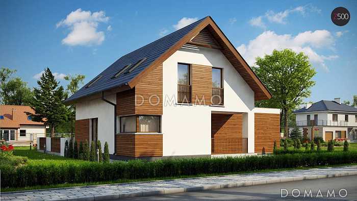 Проект комфортного одноэтажного мансардного дома из газобетона с изолированной кухней, большим гаражом и четырьмя спальнями