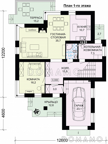 Проект загородного дома с четырьмя спальными комнатами и гаражом для одного автомобиля / План 1 этажа