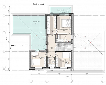 Проект современного дома с 5 спальнями, гаражом на 2 машины и террасой на втором уровне / План 2 этажа