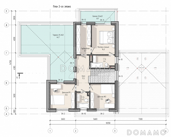 Проект современного дома с 5 спальнями, гаражом на 2 машины и террасой на втором уровне / План 2 этажа