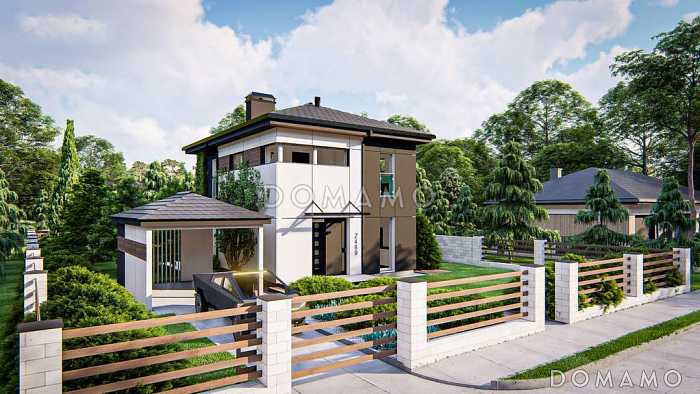 Проект эргономичного двухэтажного дома с террасой, кухней-столовой, тремя спальнями