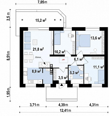 Проект компактного одноэтажного дома из газобетона с тремя спальнями и небольшой крытой террасой / План 1 этажа