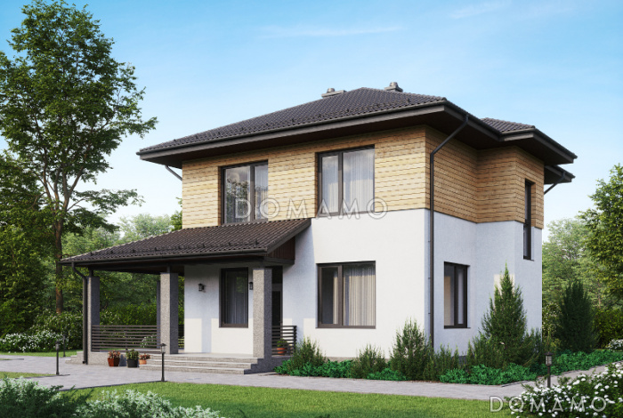 Проект двухэтажного дома из газобетона с пятью комнатами и крытой террасой