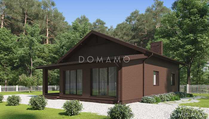 Проект загородного дома с верандой, просторной кухней-столовой, кладовой, жилыми комнатами