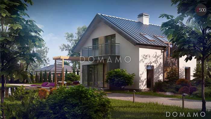 Проект одноэтажного мансардного дома из кирпича с эркером, тремя  балконами и вертикальным мансардным окном