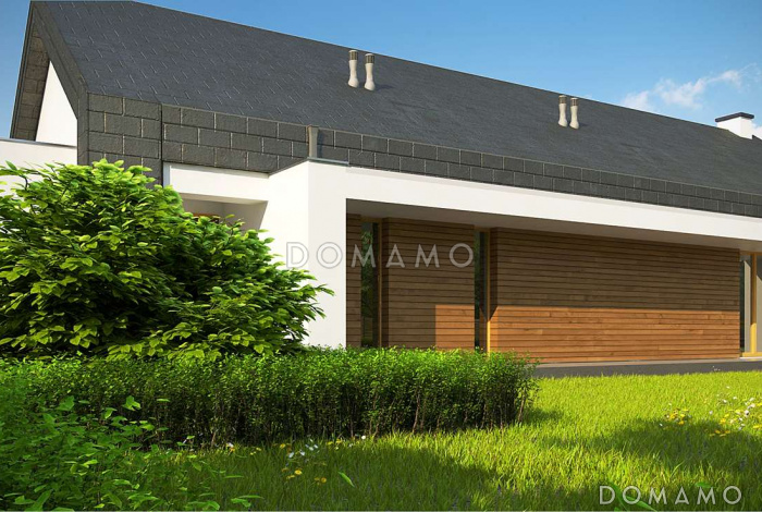 Проект современного одноэтажного дома из газобетона с тремя спальнями и пристроенным гаражом на два автомобиля