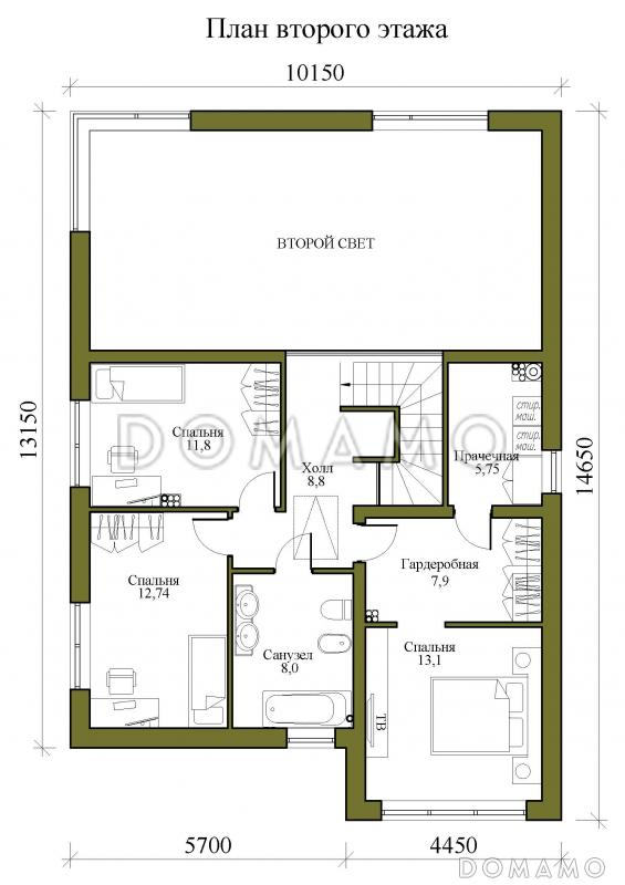Проект двухэтажного дома в стиле хай-тек с мастерской-гаражом, очень просторной террасой и вторым светом / План 2 этажа