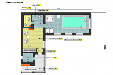 Проект бани по технологии ЛСТК с террасой, бассейном, сауной, парилкой и просторной комнатой отдыха / План 1 этажа